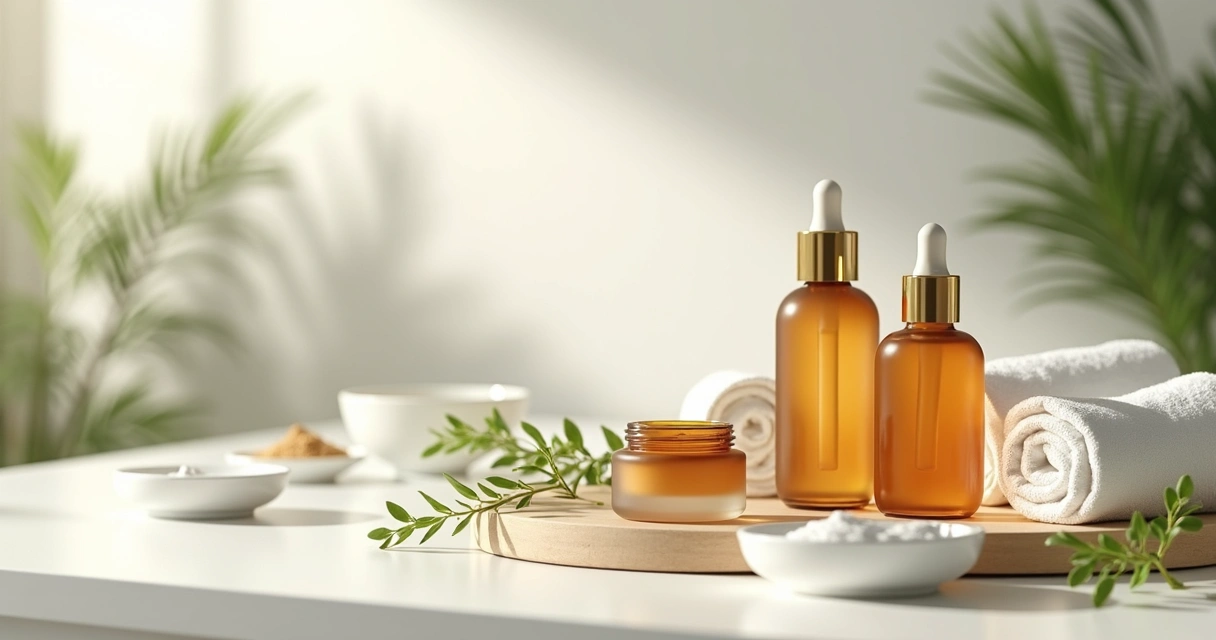 Frascos cosméticos e ingredientes de skincare em bancada clara 