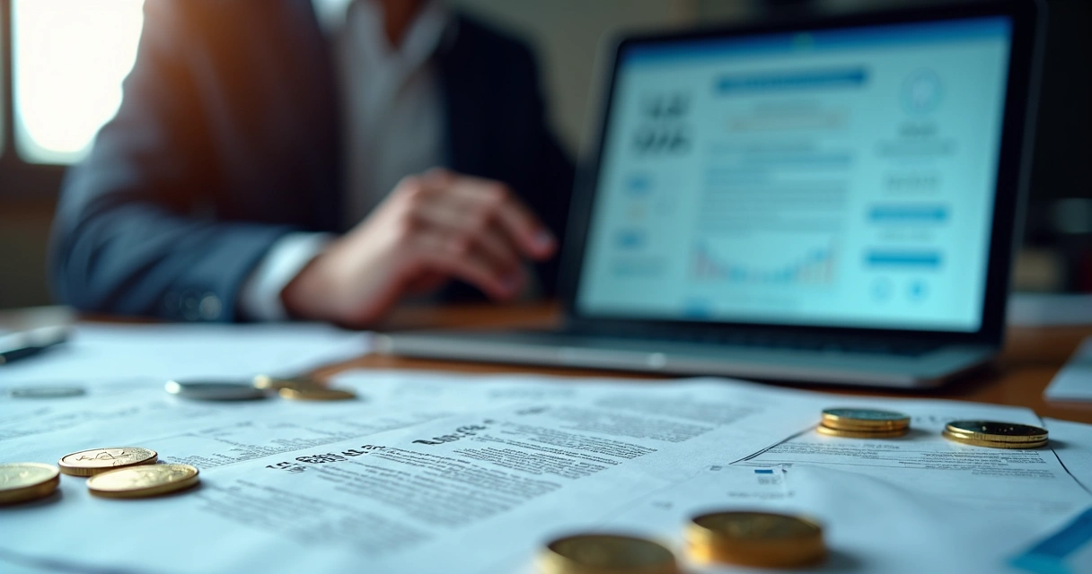 Documentos fiscais e moedas digitais em fundo azul 