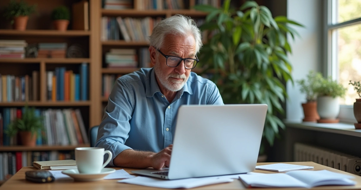 Profissional maduro usando notebook e anotações para criar ativos digitais