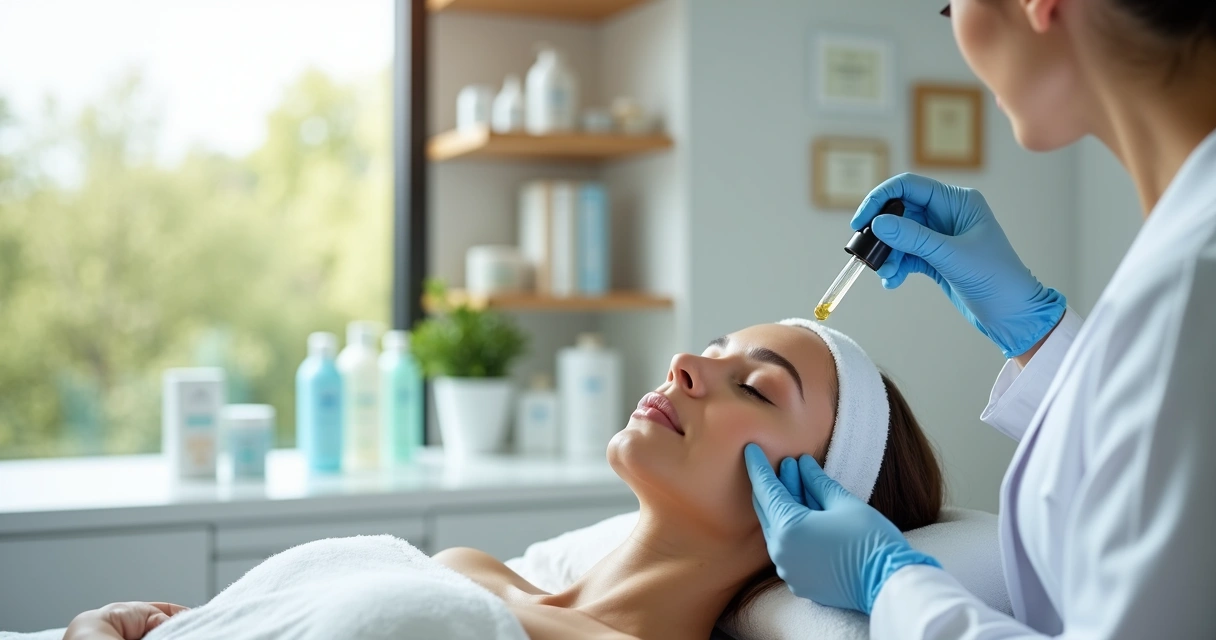 Profissional de estética aplicando dermocosmético em paciente em ambiente de clínica iluminada no verão 