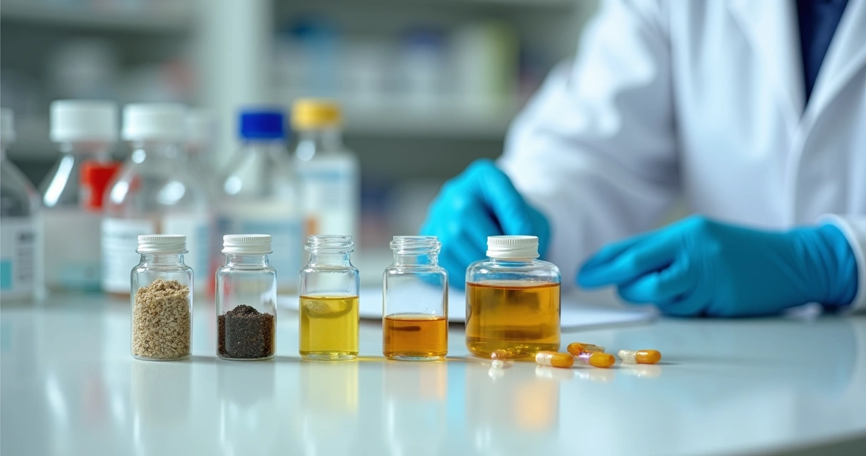 Diferentes cápsulas de ativos manipulados lado a lado em bancada de laboratório 