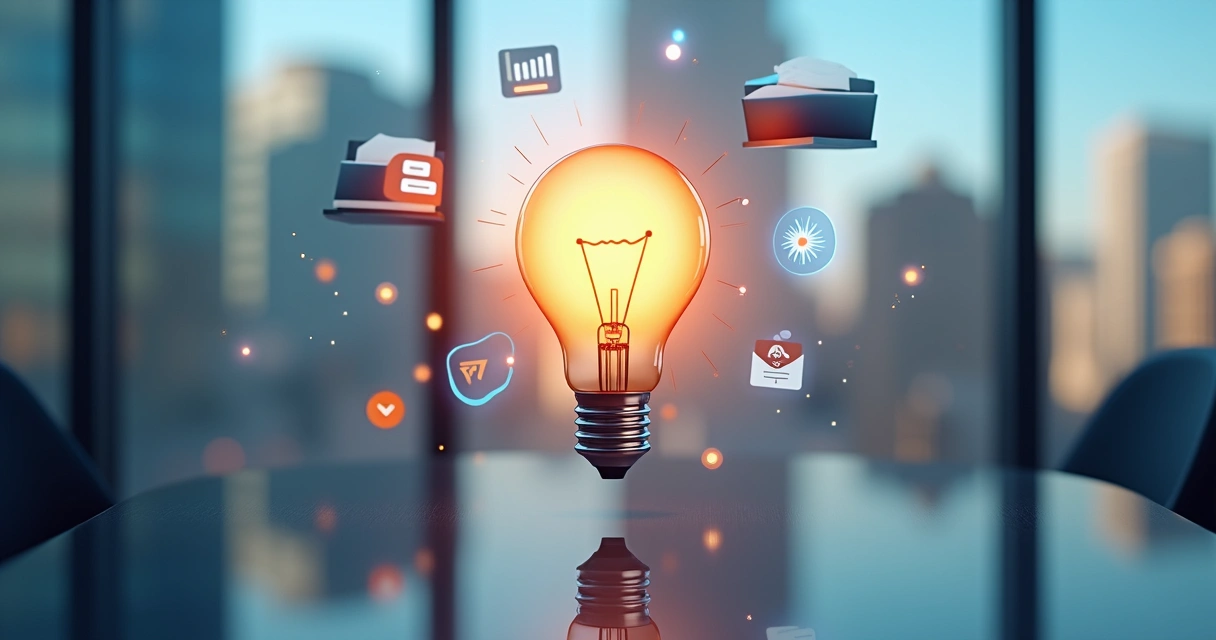 Ativos intangíveis representados por ícones tecnológicos e marcas 