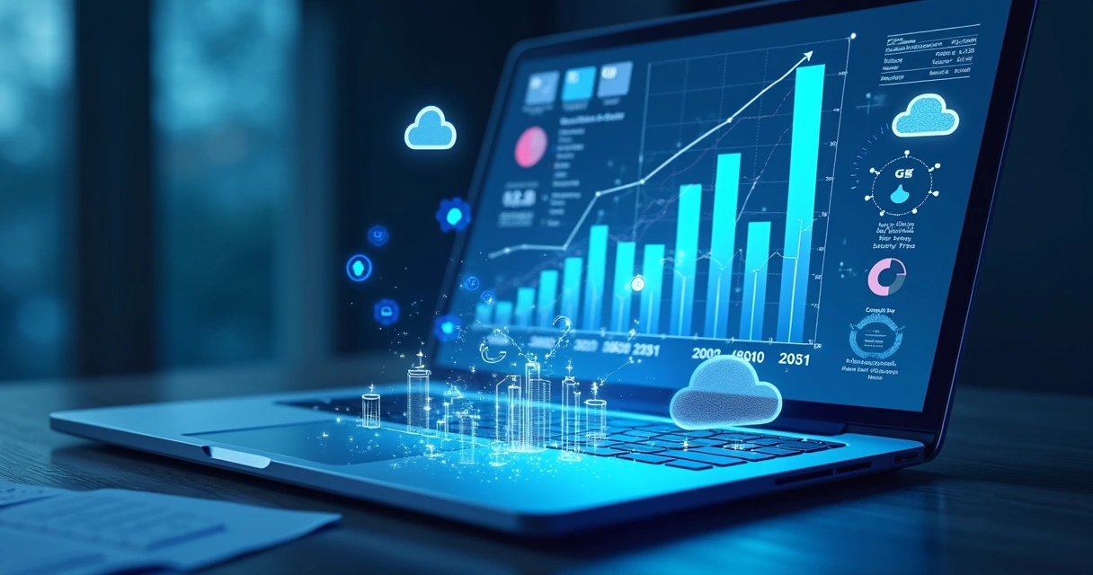Ilustrações de documentos, notebook e gráficos em azul representando ativos intangíveis 