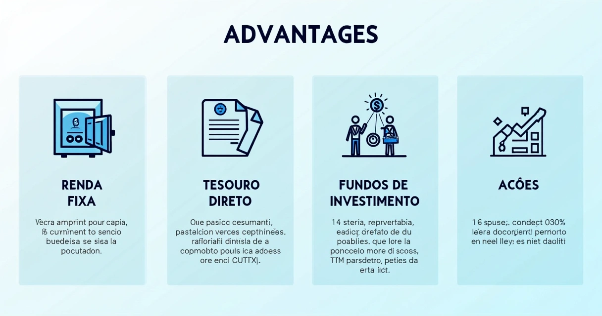 Infográfico colorido mostrando tipos de investimento: renda fixa, tesouro direto, fundos, ações 