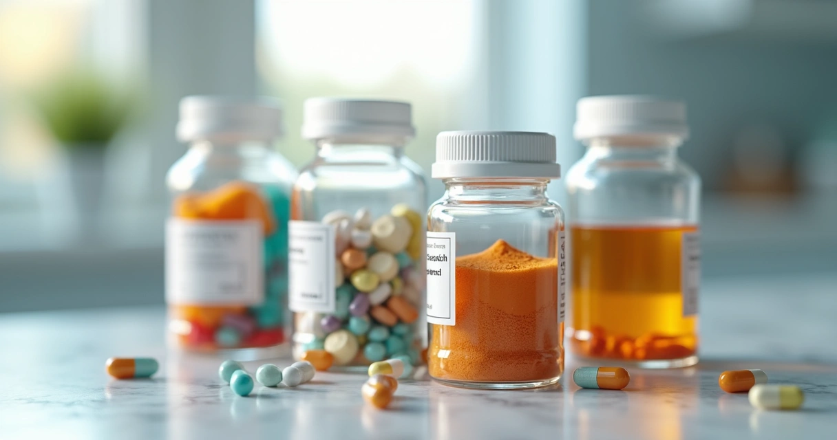 Diversos frascos de medicamentos manipulados em uma bancada de farmácia
