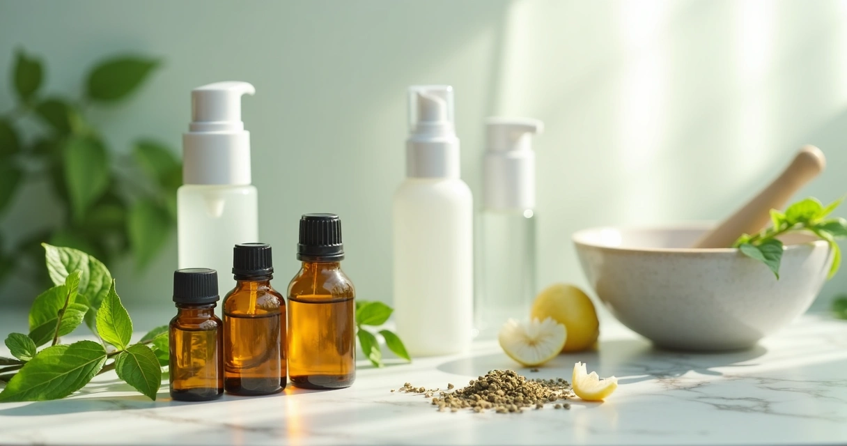 Frascos com extratos vegetais e folhas ao lado de produtos para pele oleosa 