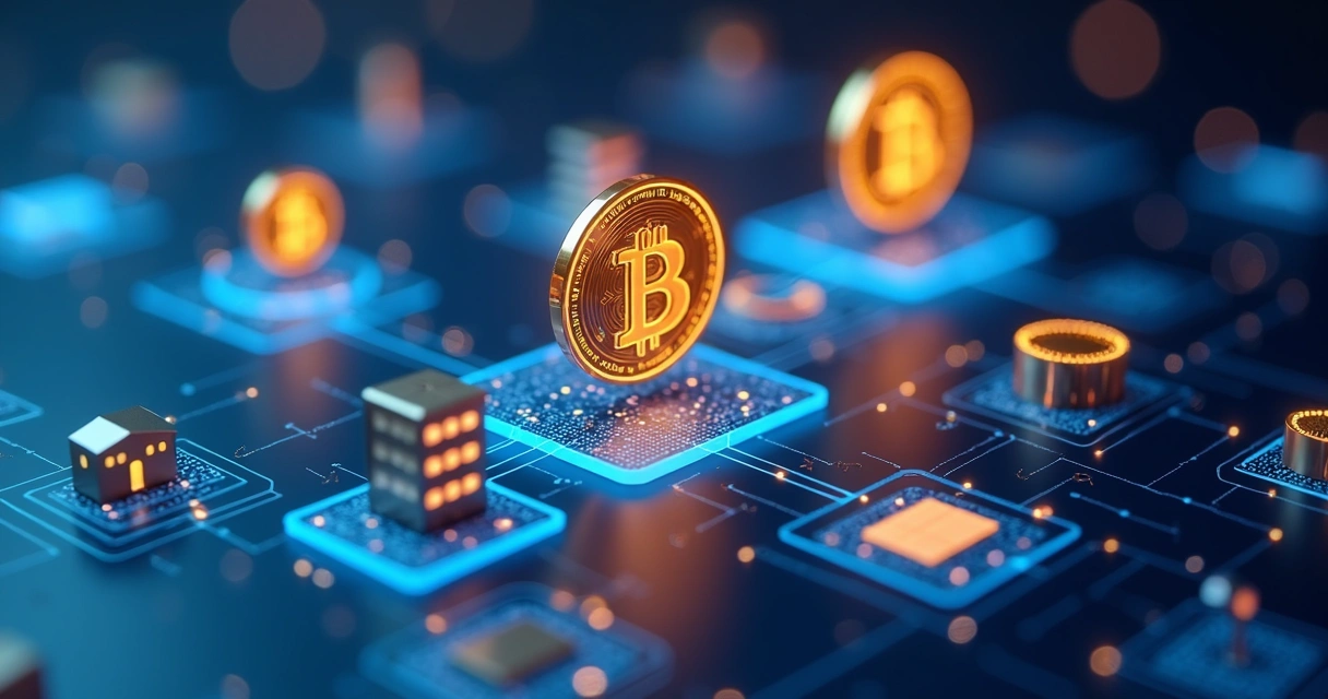 Tokens digitais sobre uma representação de blockchain, com gráficos e ativos variados