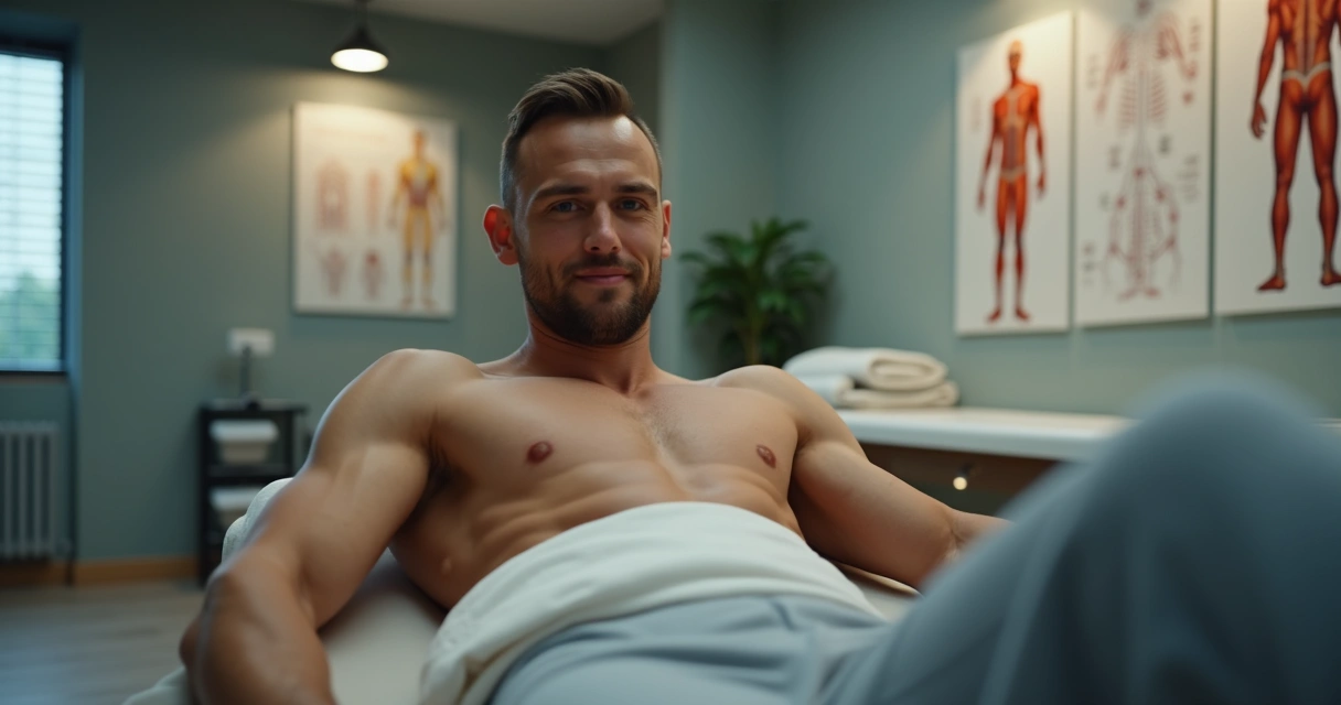 Atleta relaxando em uma sala de fisioterapia esportiva 