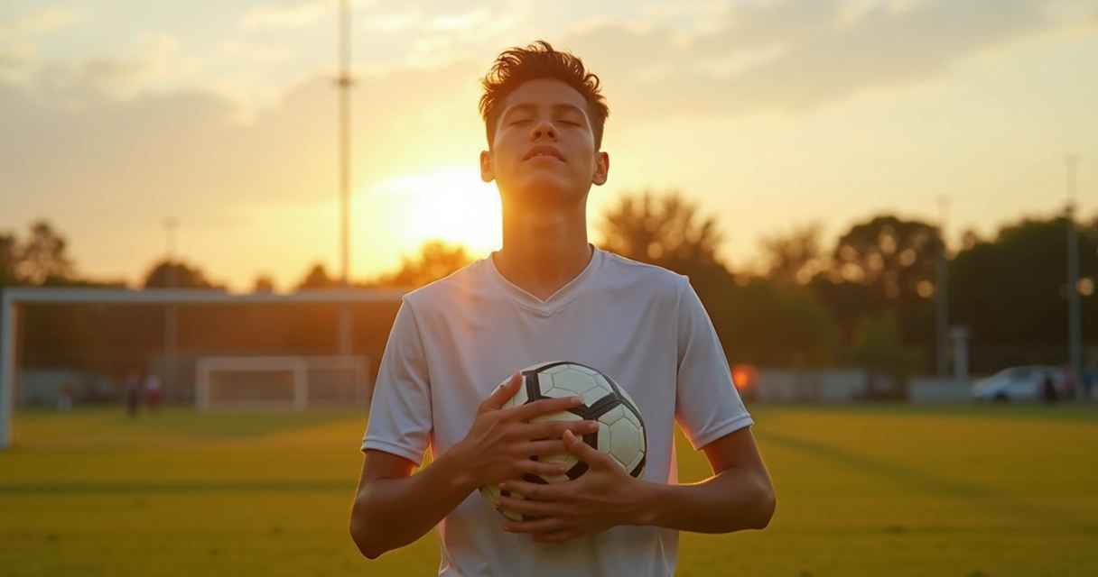 Atleta de base concentrado, segurando bola antes de competição em campo 
