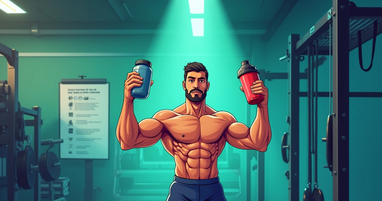 Atleta com creatina e shaker em academia, ambiente com pesas e lousa com dicas sobre uso de creatina.