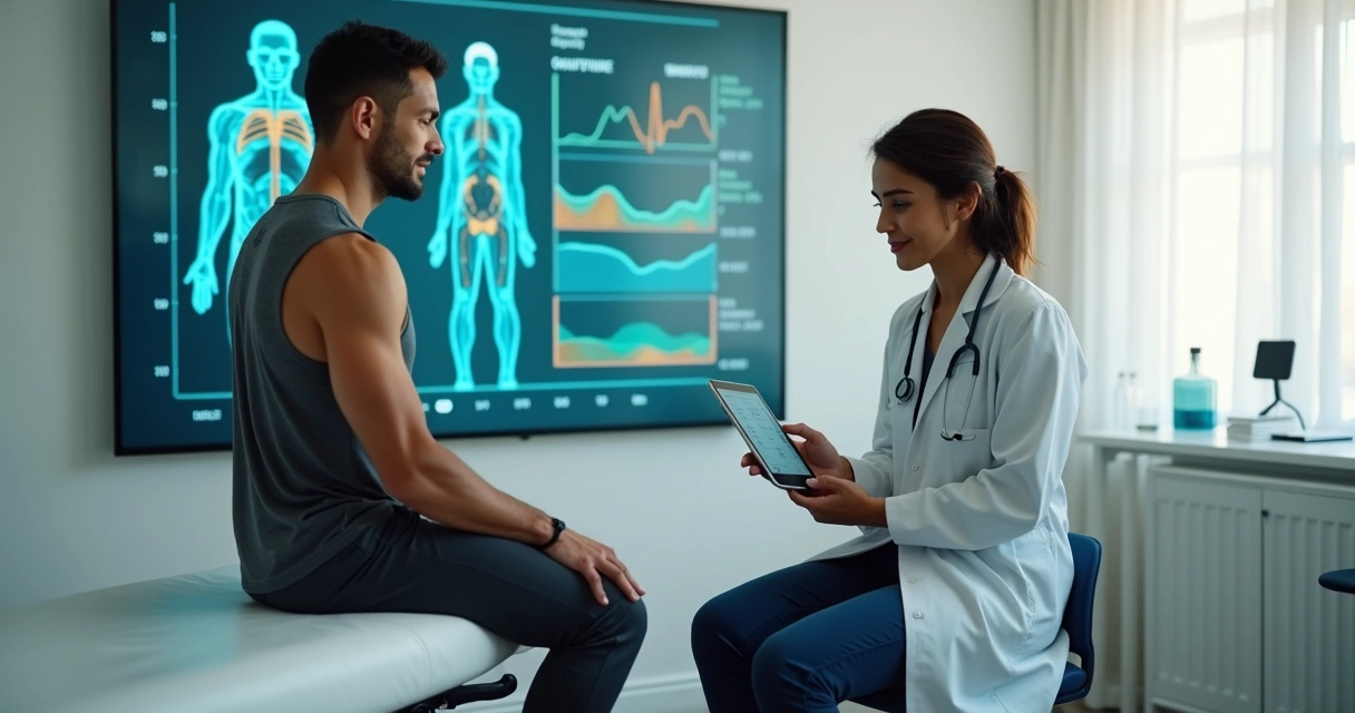 Atleta conversando com médica esportiva durante avaliação hormonal em consultório moderno 