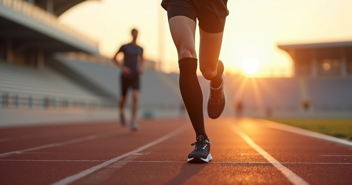 Atleta correndo em pista usando meia elástica de compressão até o joelho 