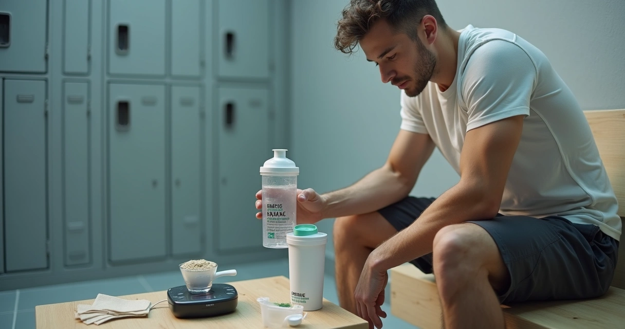 Atleta sentado em vestiário segurando creatina e garrafa de água 