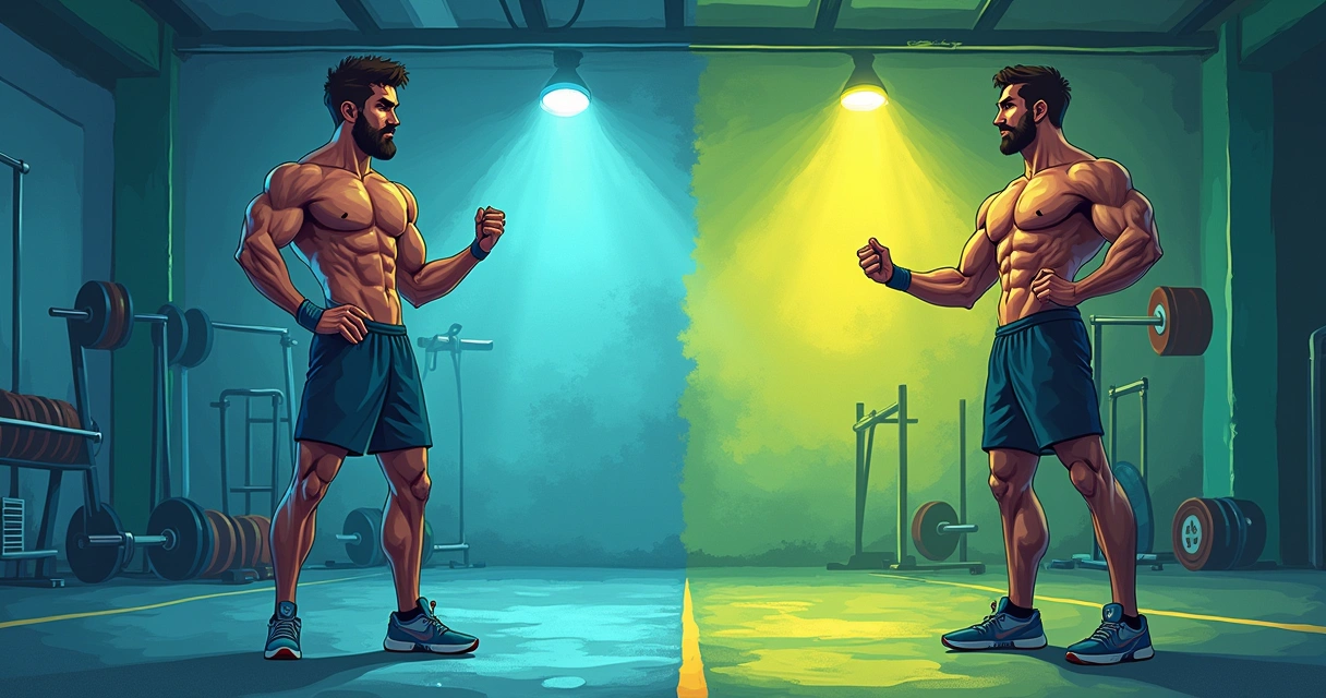 Atleta segurando creatina e pré-treino em uma academia, com grafismos de performance ao fundo.