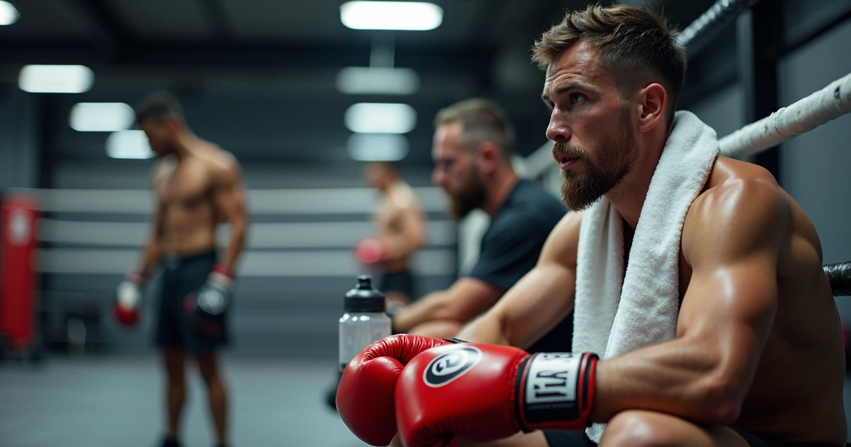 Atleta sentado em banco com técnico durante intervalo de luta 