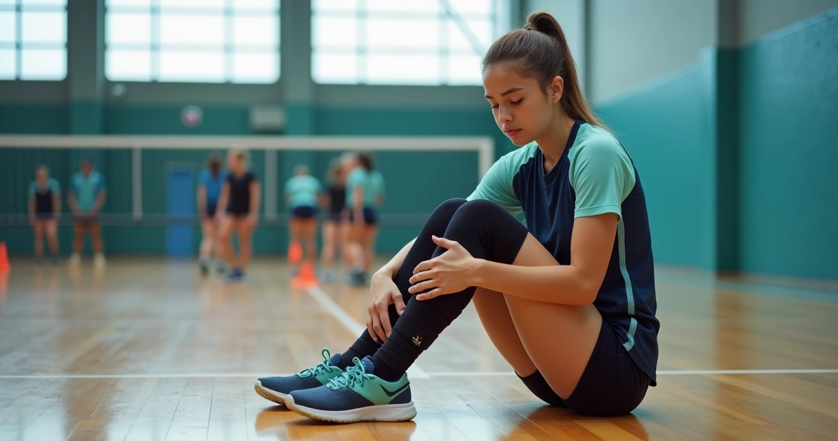 Atleta mulher examinando joelho com bandagem na quadra esportiva indoor 