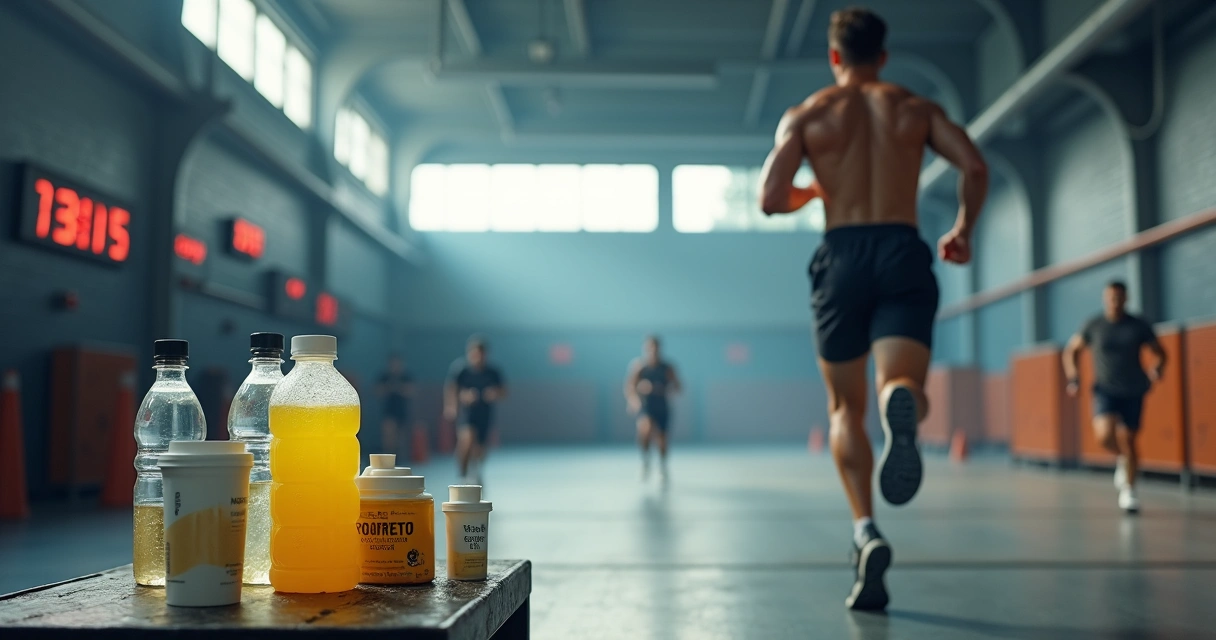 Atleta em prova de Hyrox em galpão indoor passando por bancada com suplementos e isotônico 