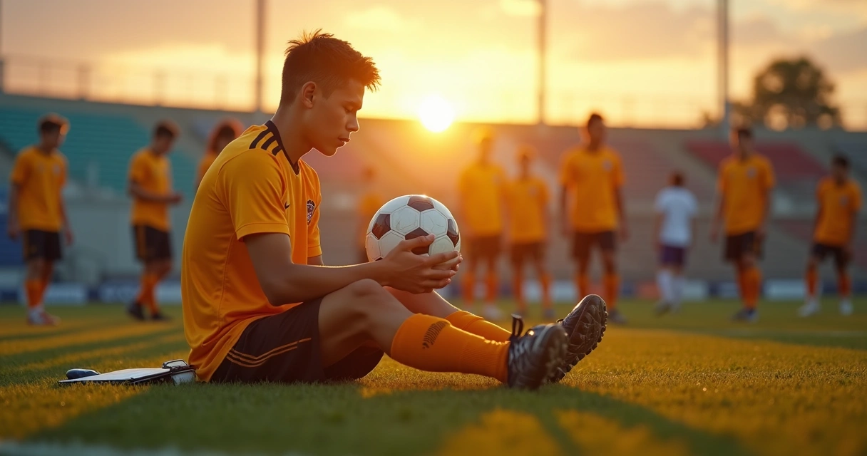 Atleta jovem de futebol concentrado olhando para a bola 