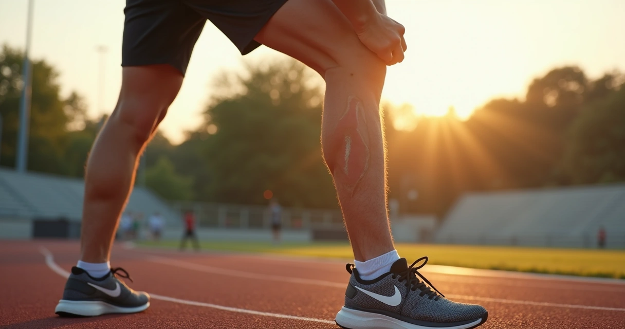 Atleta masculino com veias aparentes na perna enquanto se alonga após treino 