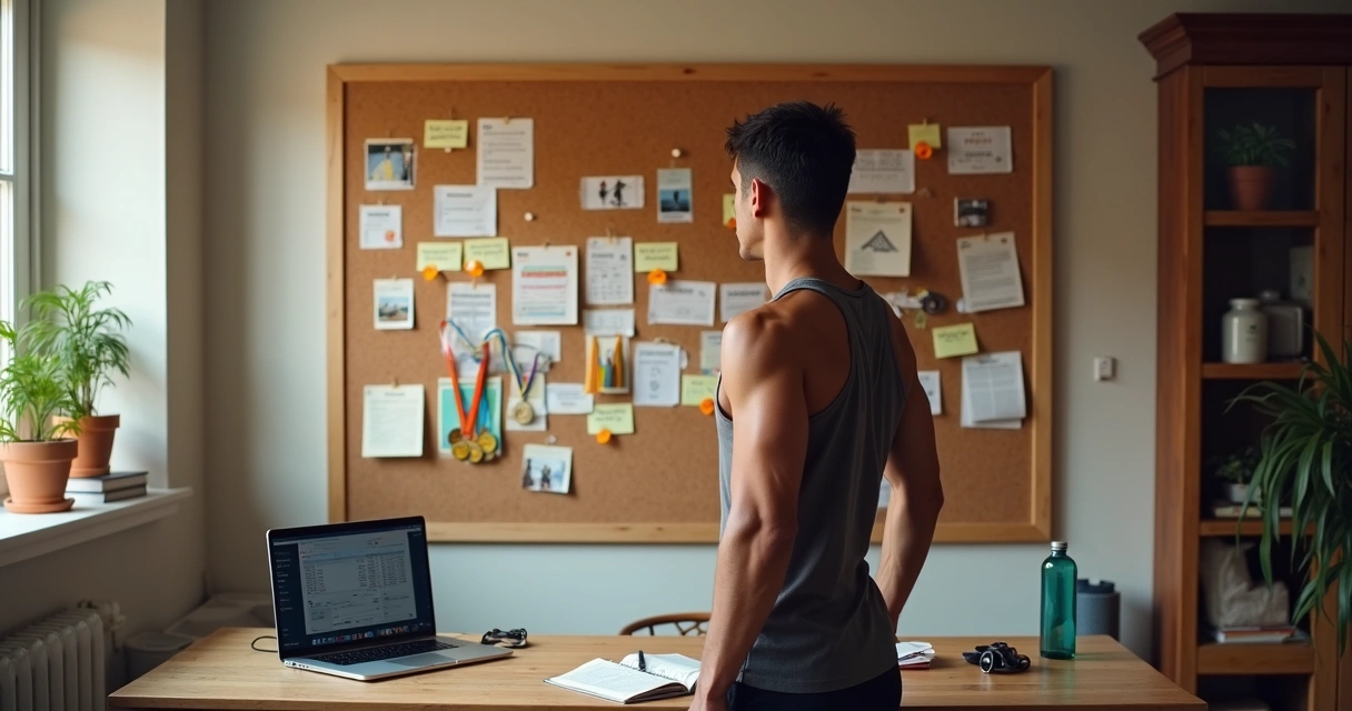 Atleta observando parede com fotos e metas da jornada esportiva 
