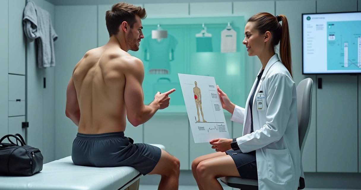 Atleta sentado no vestiário conversando com médica sobre recuperação pós-cirurgia de cisto pilonidal 