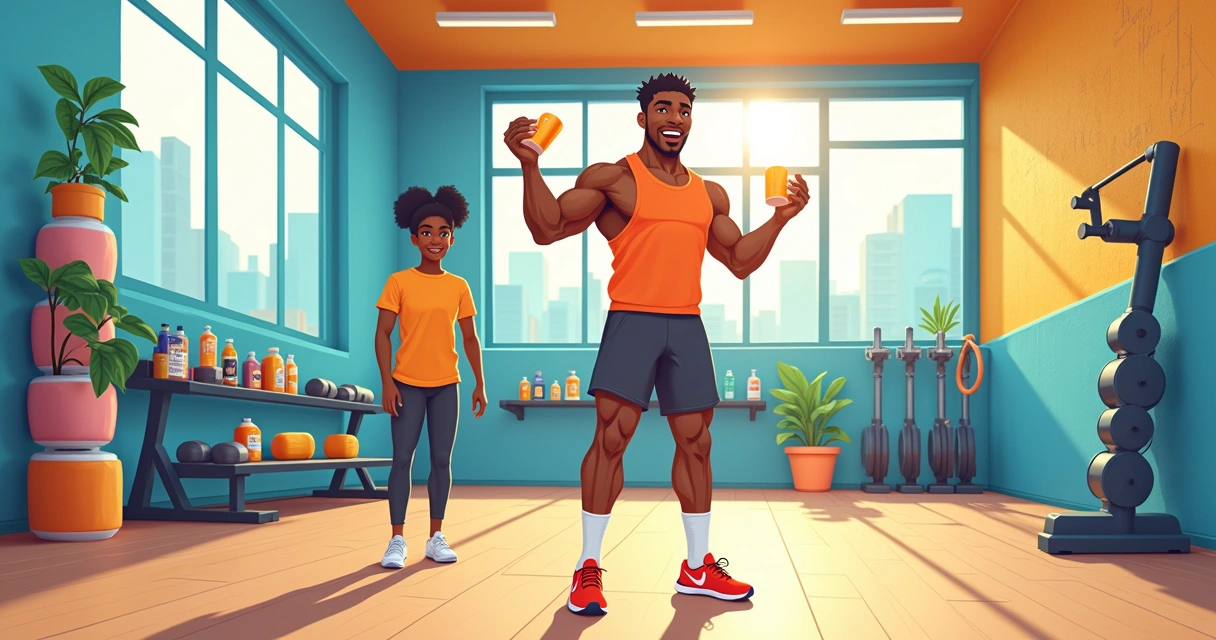 Atleta segurando frasco de pré-treino em academia com luz natural e equipamentos de treino.