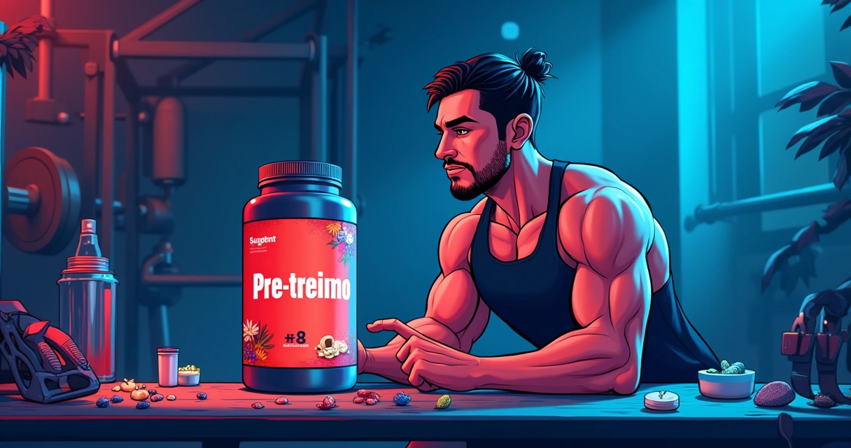 Atleta segurando frasco de suplemento pré-treino em uma academia iluminada com equipamentos ao fundo.