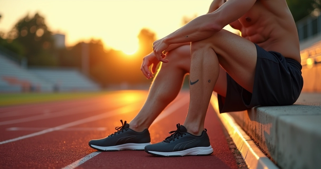 Atleta sentado em pista observando veias evidentes na perna 
