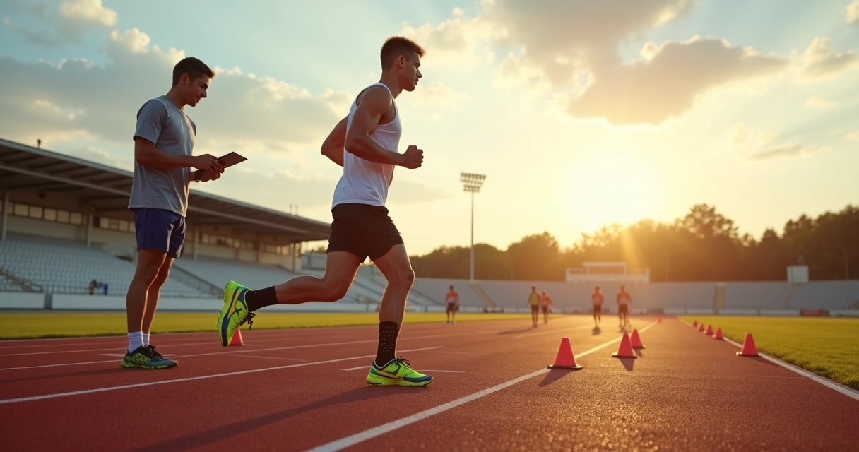 Atleta com órtese no joelho retomando treino leve em pista de corrida 