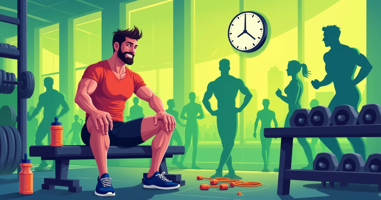 Atleta em recuperação no ginásio, com suplementos de creatina e garrafa de água ao lado, ambiente vibrante.