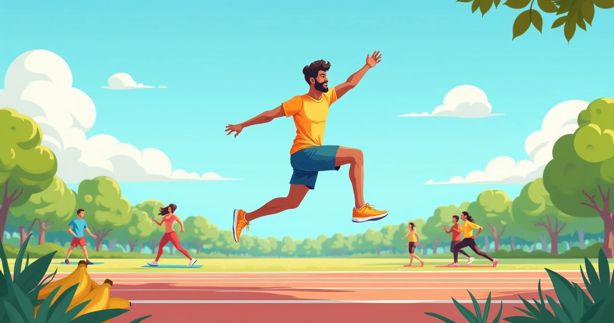 Atleta saltando em um parque ensolarado, cercado por árvores e praticantes de atividades saudáveis.