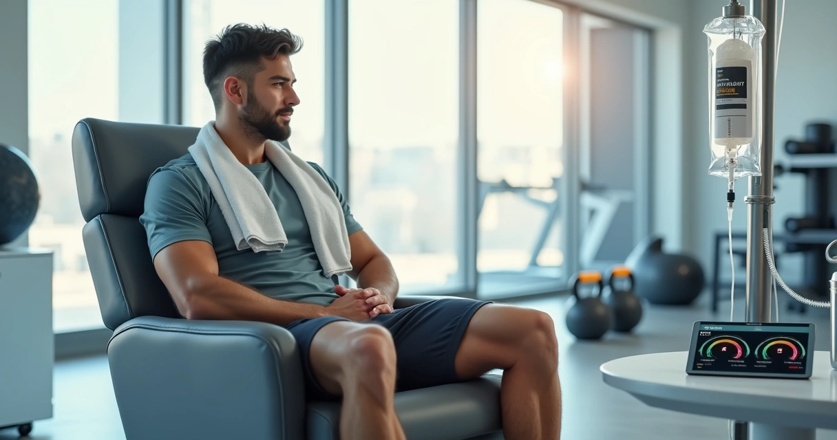 Atleta sentado recebendo soro intravenoso em clínica moderna 