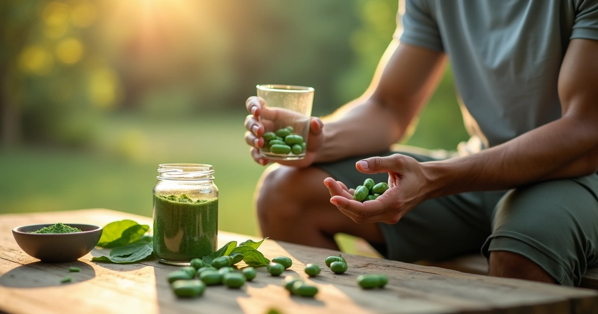 Atleta amador segurando cápsulas de moringa com frascos e folhas frescas de moringa ao fundo 