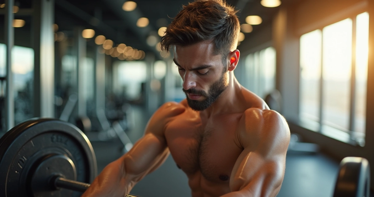 Jovem atleta treinando musculação em academia moderna