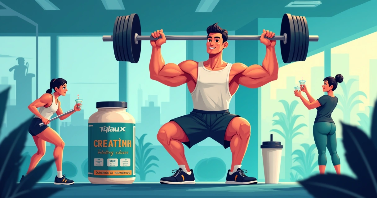 Atleta levantando pesos numa academia moderna com frasco de creatina e água ao lado.
