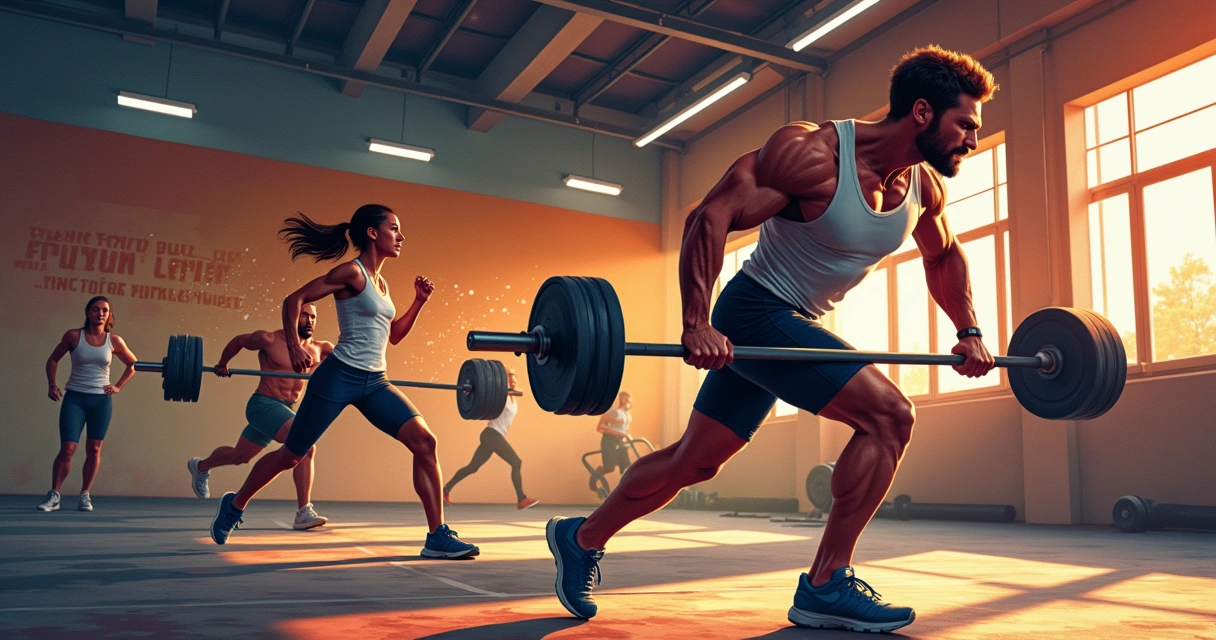 Ilustração de atletas em uma academia, um levantando peso e outro correndo, representando energia e desempenho com creatina.