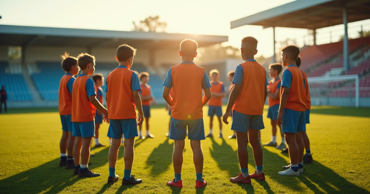 Atletas de futebol de base praticando respiração no campo 