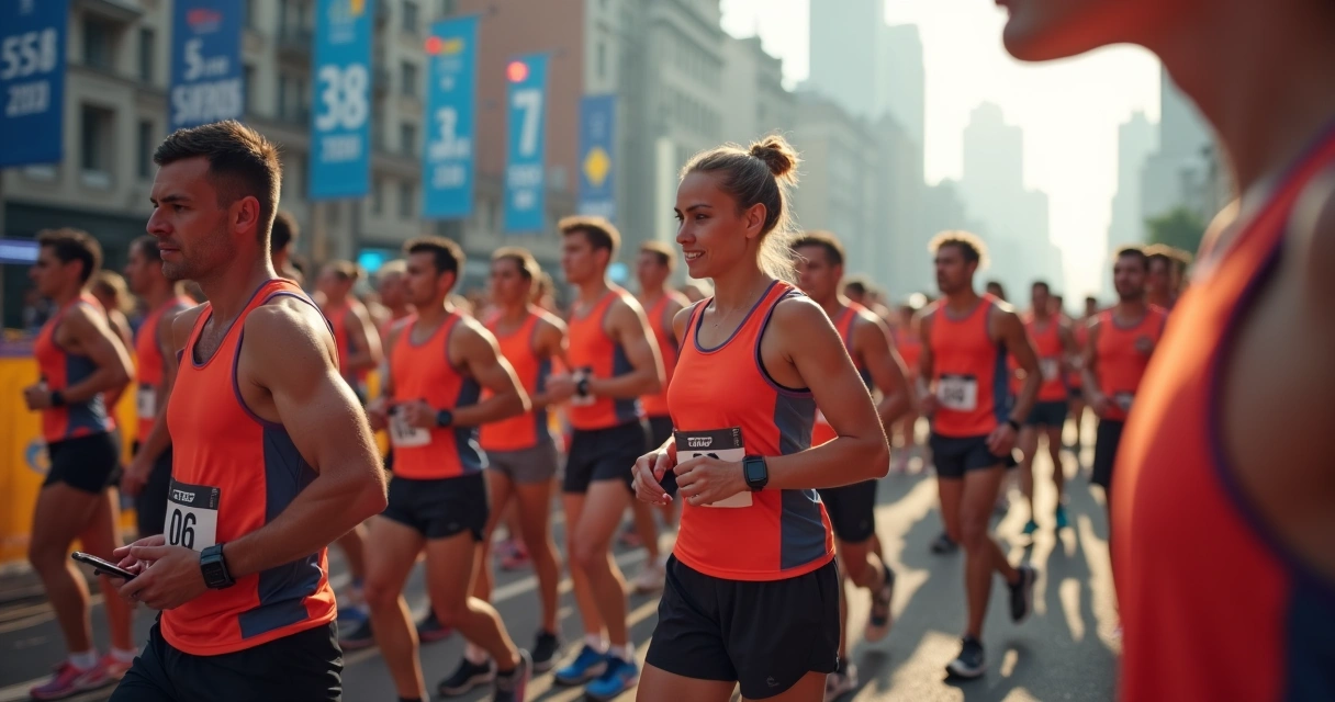Grupo de atletas usando smartphones e relógios inteligentes alinhados em uma largada 