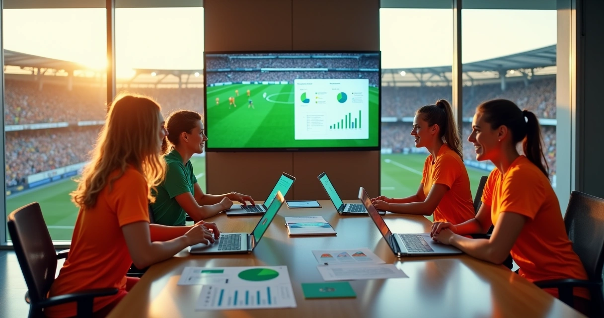 Jogadoras de futebol feminino em reunião estratégica com gráficos de crescimento 