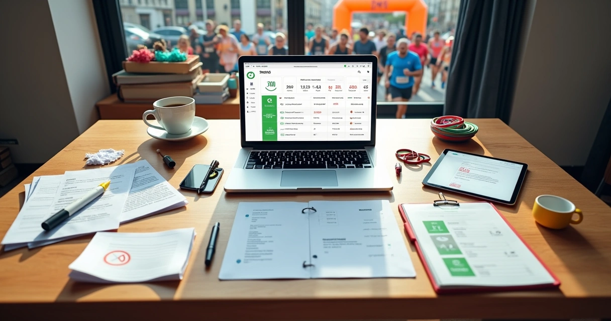 Mesa com organização de corrida mostrando erro e acerto na inscrição esportiva 