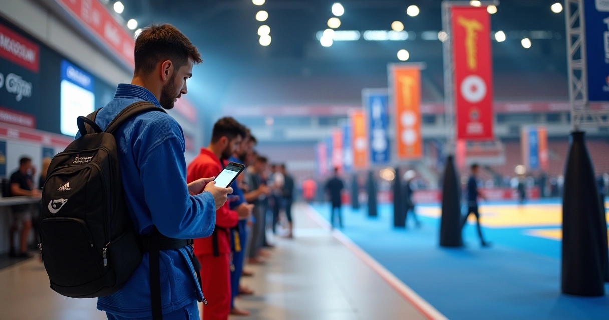 Atletas de Jiu-Jitsu alinhados na entrada do ginásio para campeonato 