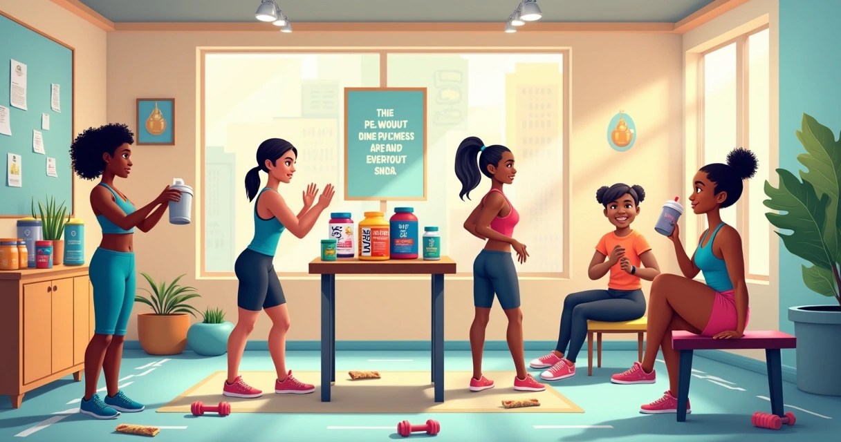 Grupo diversificado de atletas em uma academia usando suplementos com cores vibrantes e detalhes motivacionais.