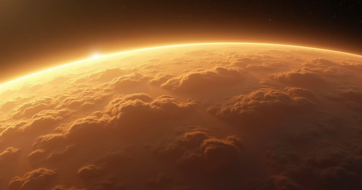 Atmosfera densa e nuvens espessas de Vênus com tons amarelados e alaranjados, mostrando a camada de nuvens com alta concentração de água e outros compostos químicos 