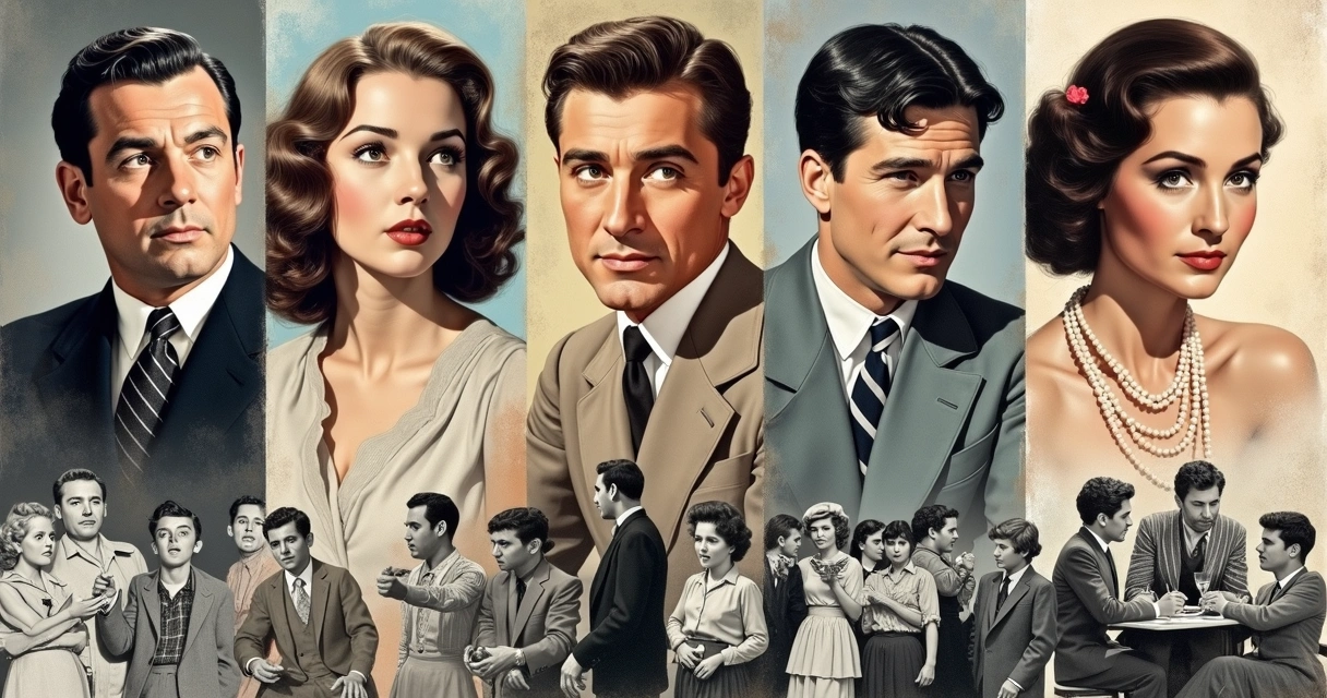 Montagem de atores clássicos com imagens reais de suas vidas, cenários de época e roteiros comparados lado a lado
