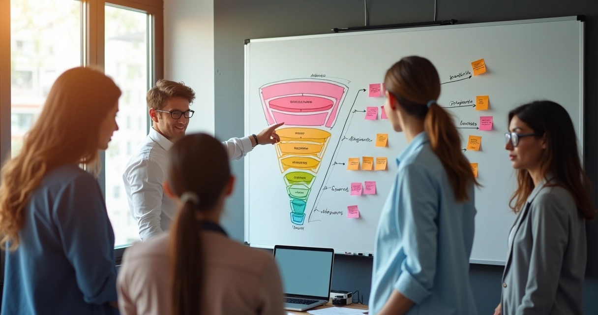 Equipe analisando funil de vendas e leads em quadro branco 
