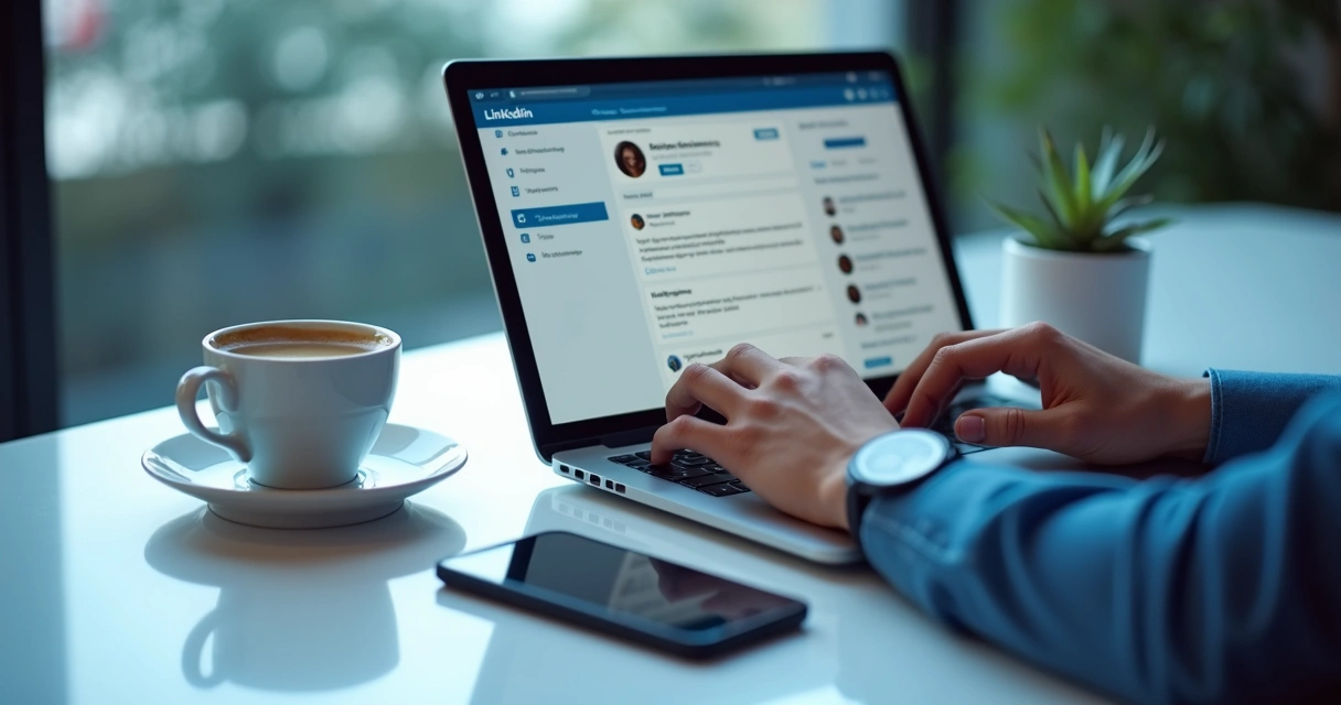 Pessoa escreve mensagem de prospecção no LinkedIn em laptop aberto 