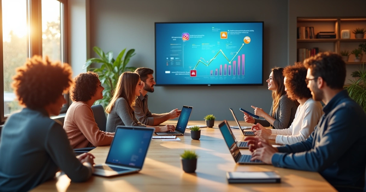 Equipe de marketing digital criando conteúdo colaborativo 
