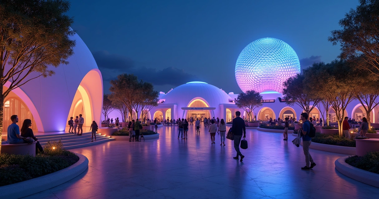 Atração iluminada no EPCOT à noite