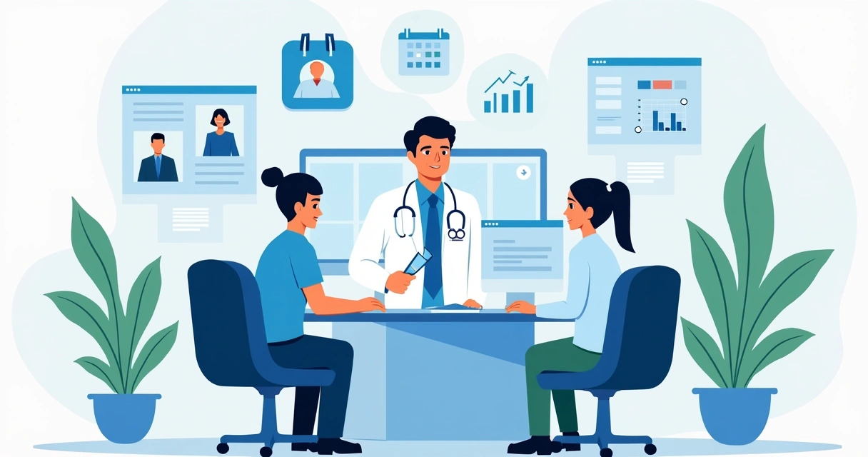 Ilustração plana corporativa mostrando médico atendendo pacientes em consultório moderno com elementos de agenda, finanças e gestão visíveis 