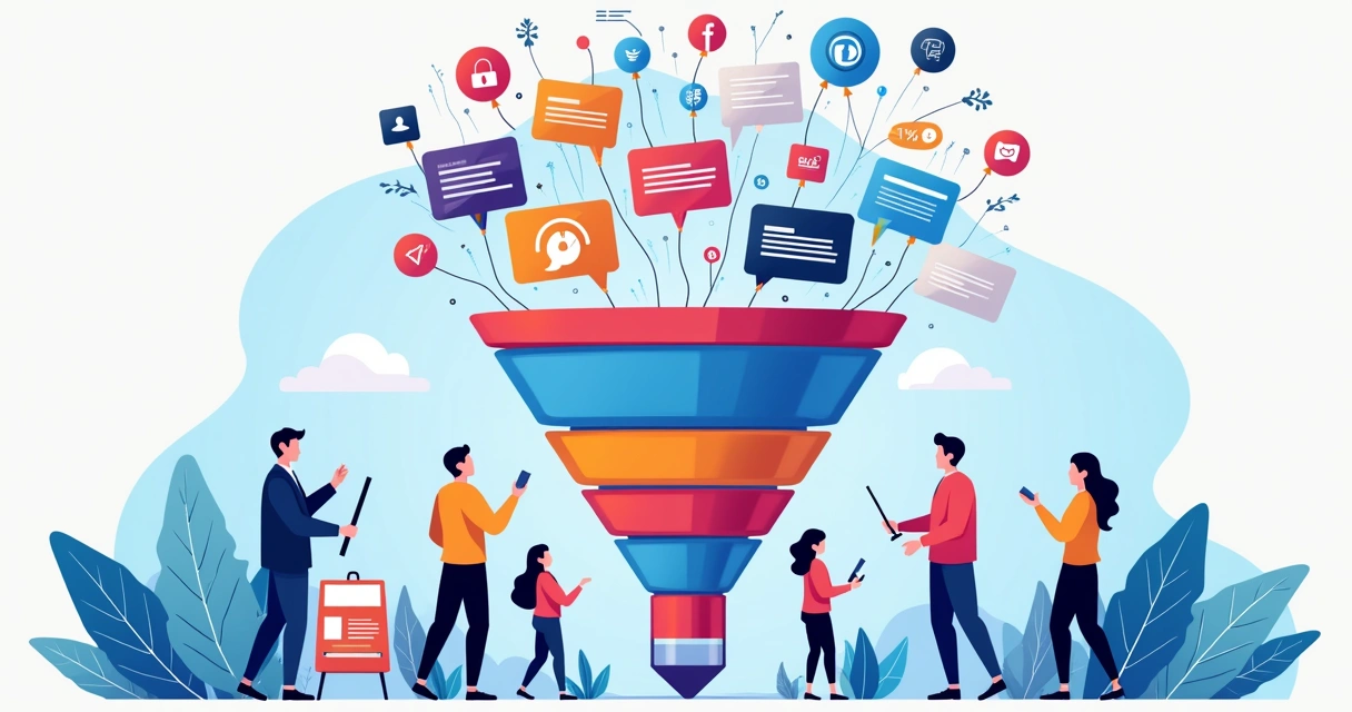 Gráfico colorido ilustrando etapas de atração de clientes para o topo do funil de vendas